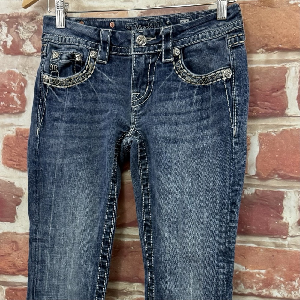 Miss Me Slim Bootcut Jeans Women's 26 Blue Fleur De Lis Rhinestone Denim Pants - Picture 4 of 10